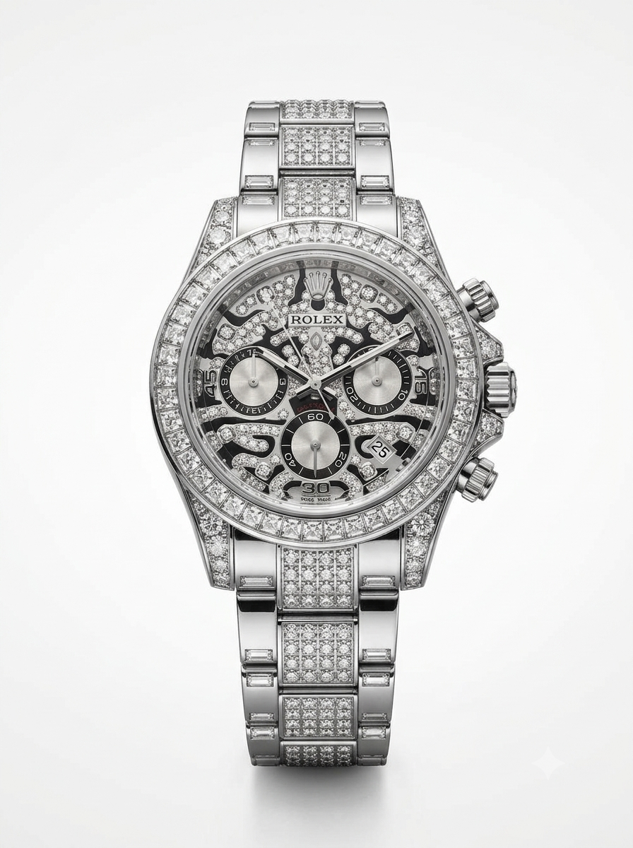 ROLEX-Bezel Diamond Chronograph Watch — Silver