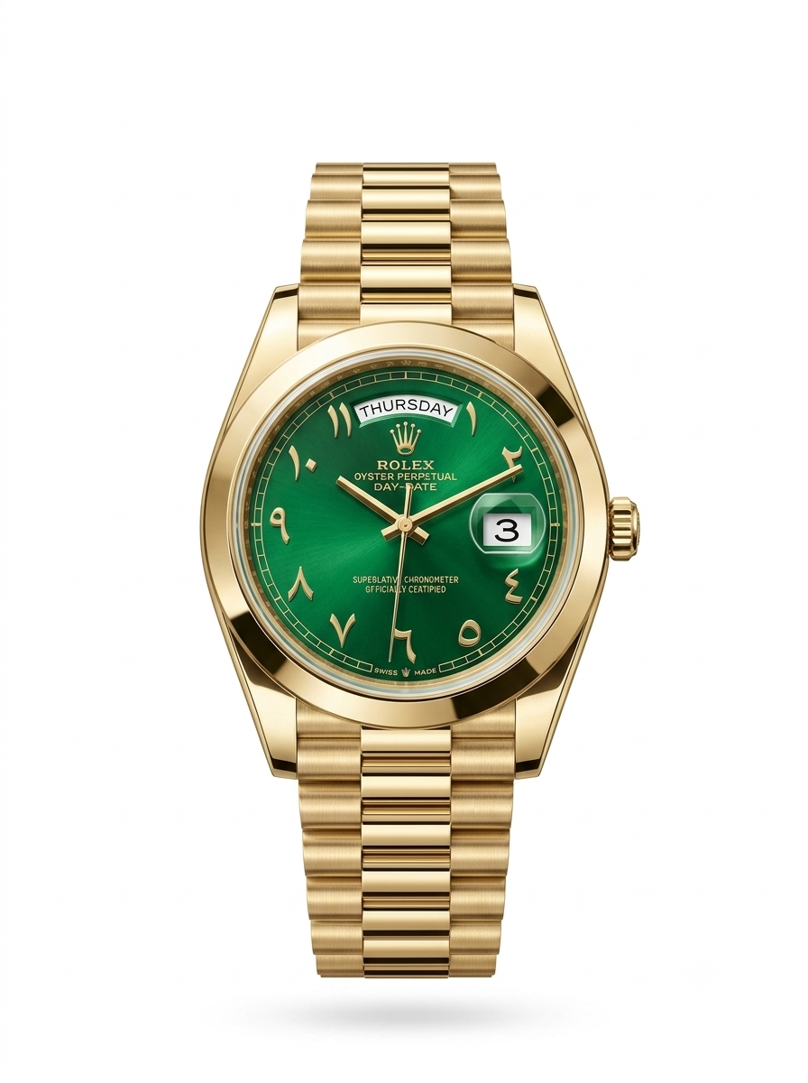 Rolex Day-Date 36 in 18 ct yellow gold with a green dial and Eastern Arabic