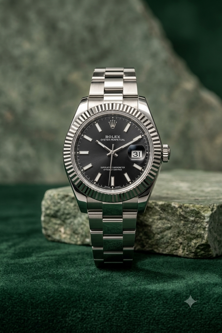ROLEX Oyster Perpetual Silver Black Dial Watch
