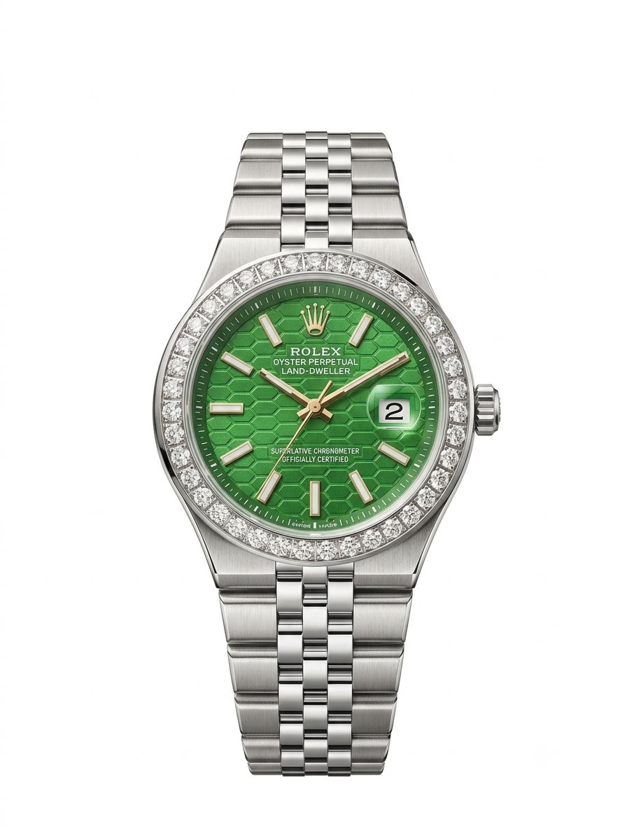 ROLEX LAND-DWELLER GREEN DIAL OYSTER PERPETUAL SILVER