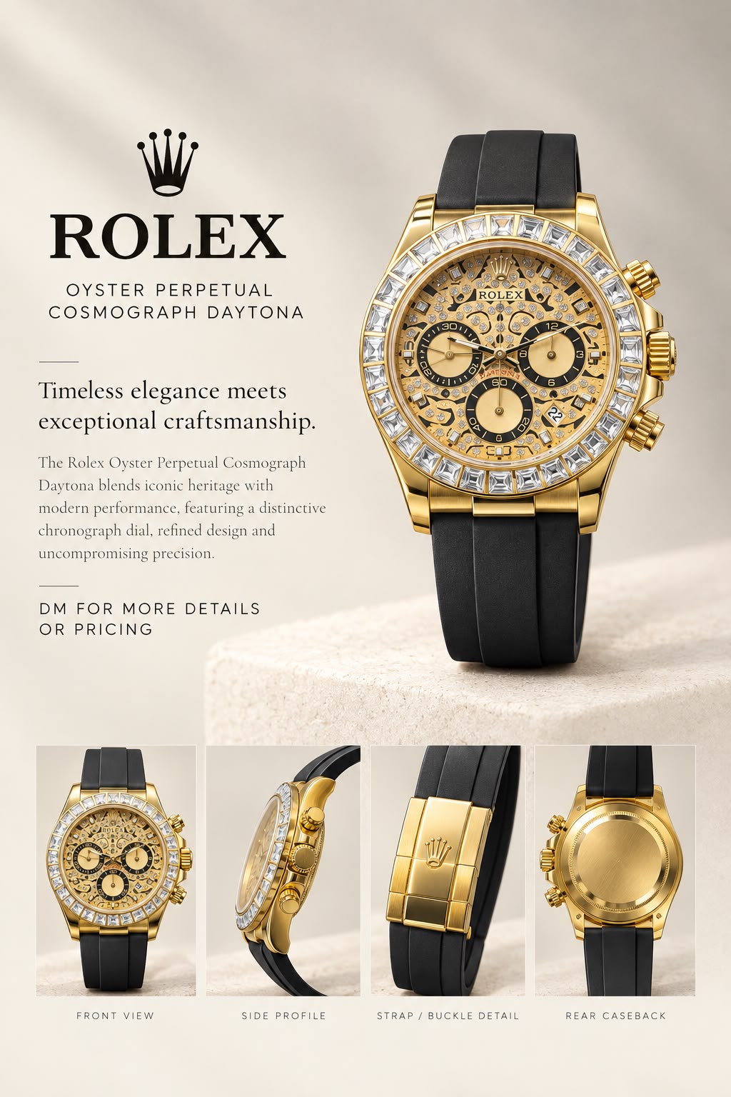 ROLEX-Bezel Diamond Chronograph BELT WATCH — Gold