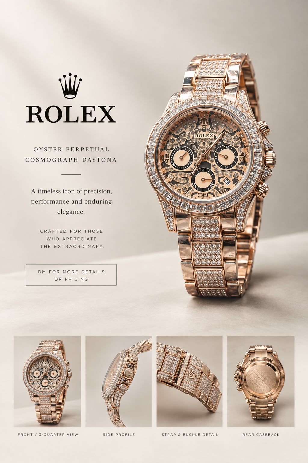 Rose gold rainbow-bezel diamond chronograph watch