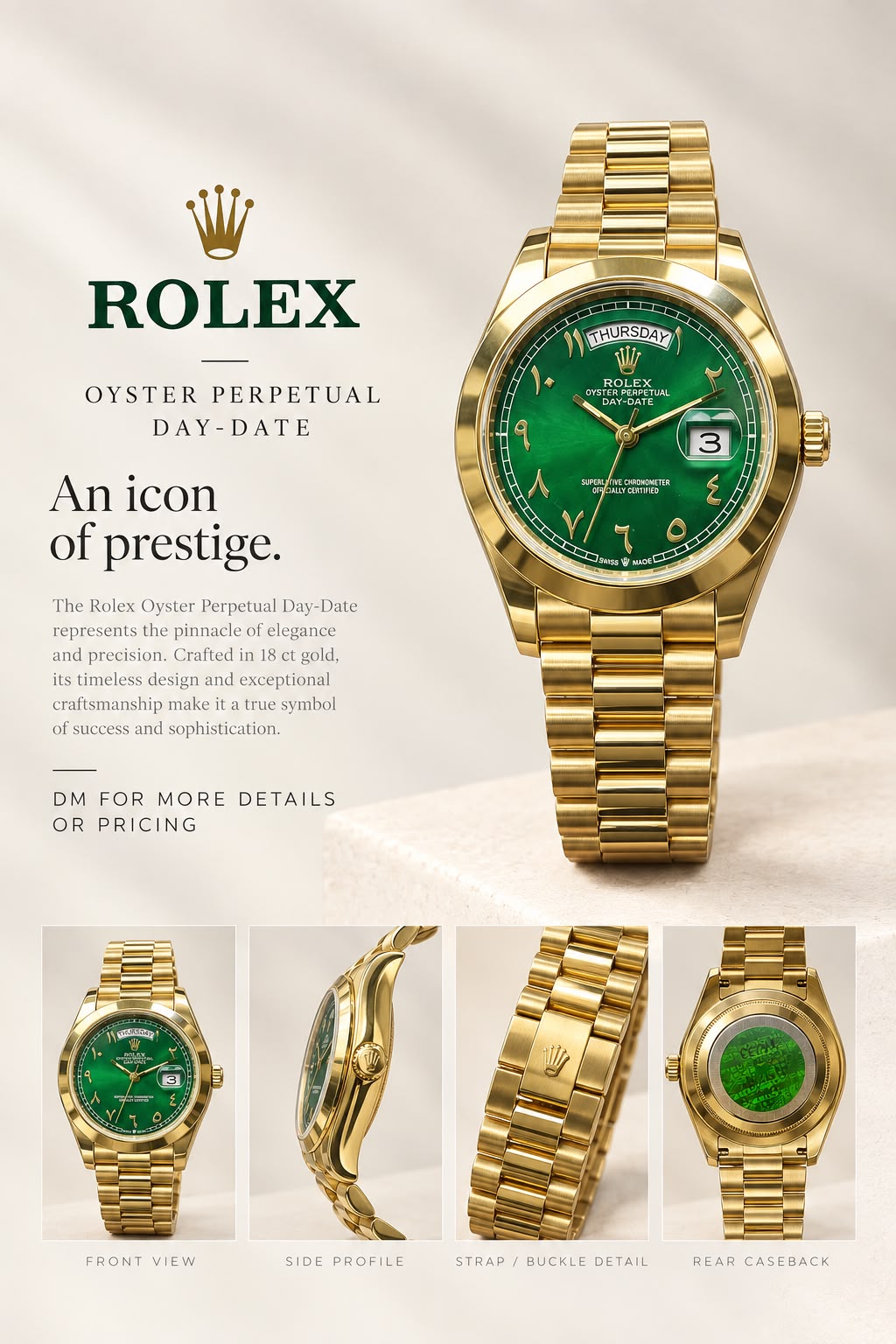 Rolex Day-Date 36 in 18 ct yellow gold with a green dial and Eastern Arabic