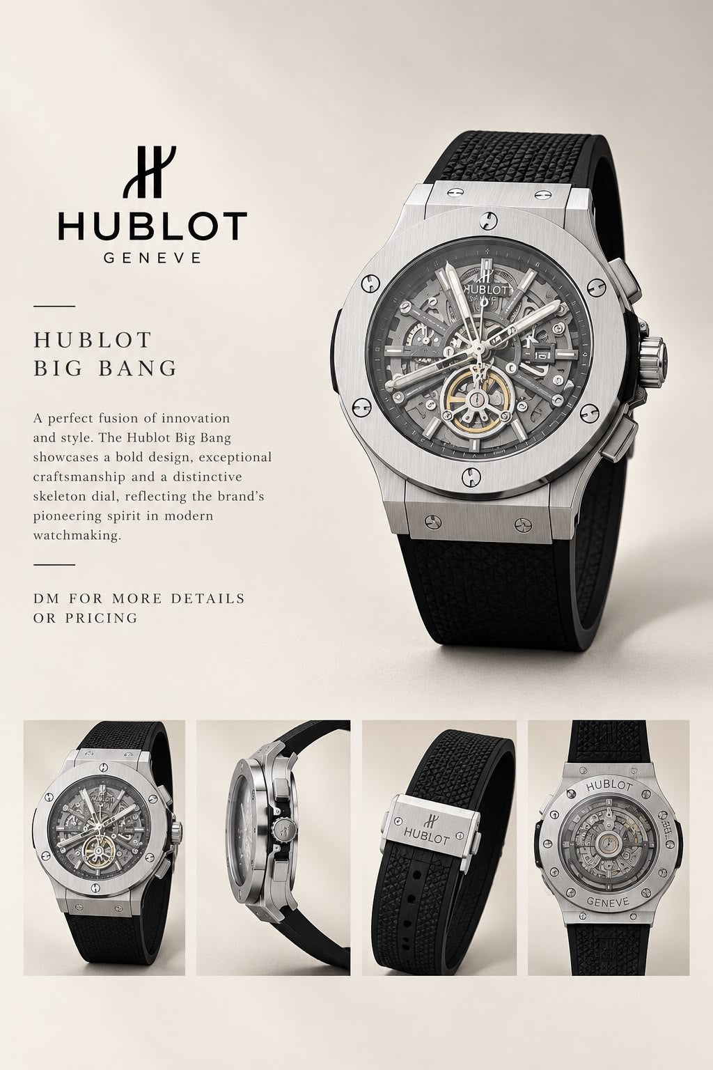 Hublot Big Bang silver skeleton style watch with black strap