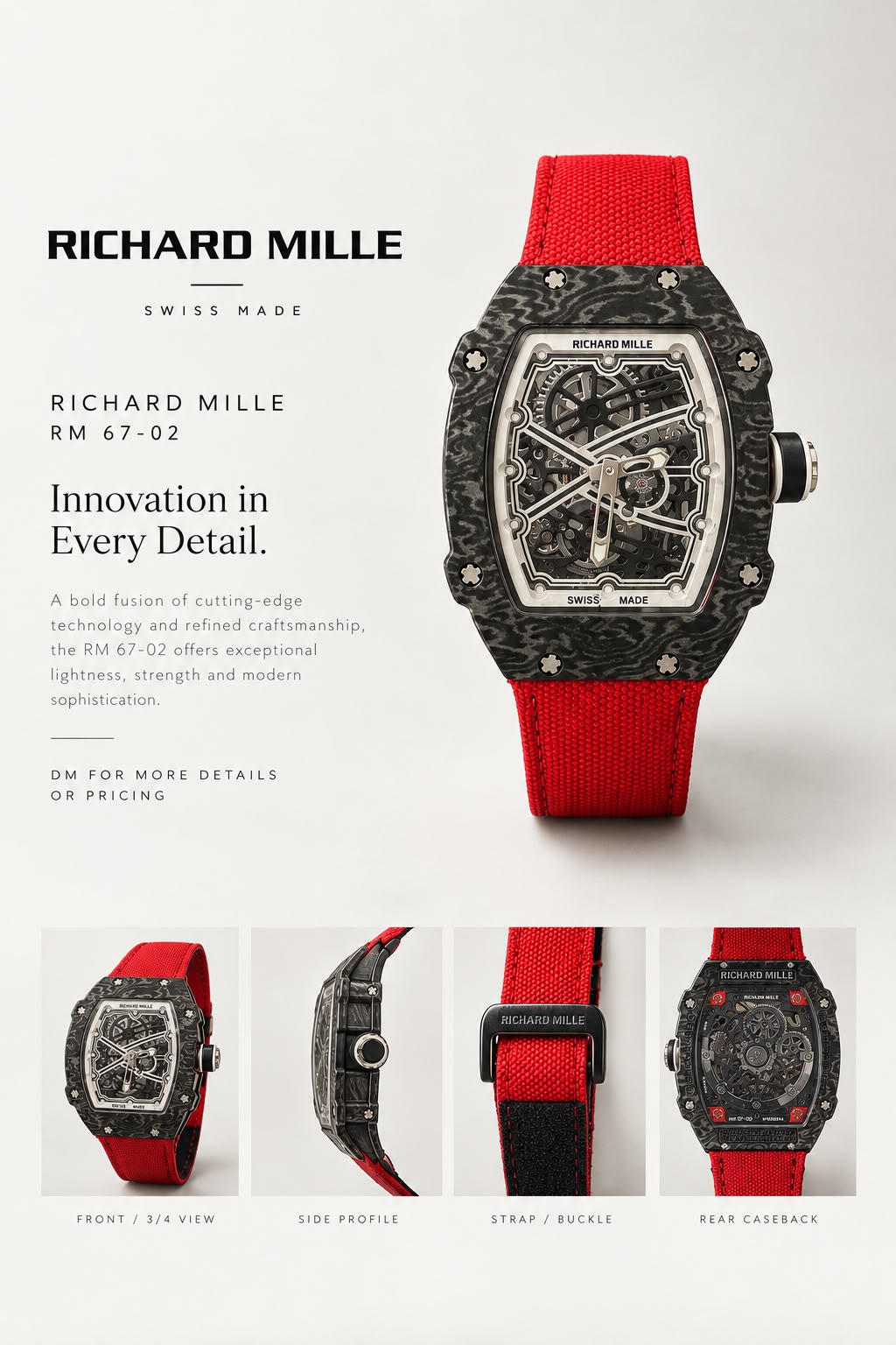 RM 67-02 black skeleton case and red strap watch