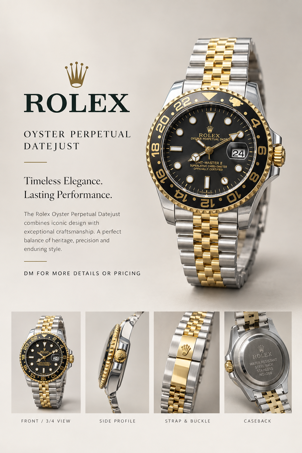 ROLEX Datejust black dial two-tone gold and silver watch product showcase