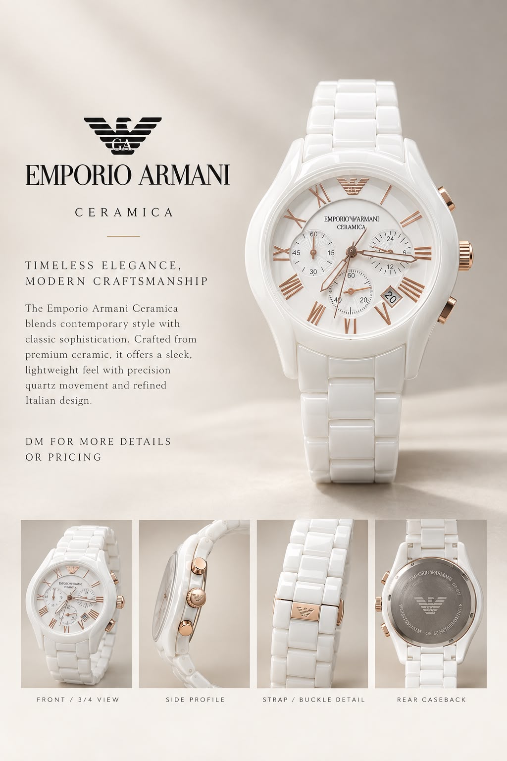 WatchVerse white ceramic style chronograph