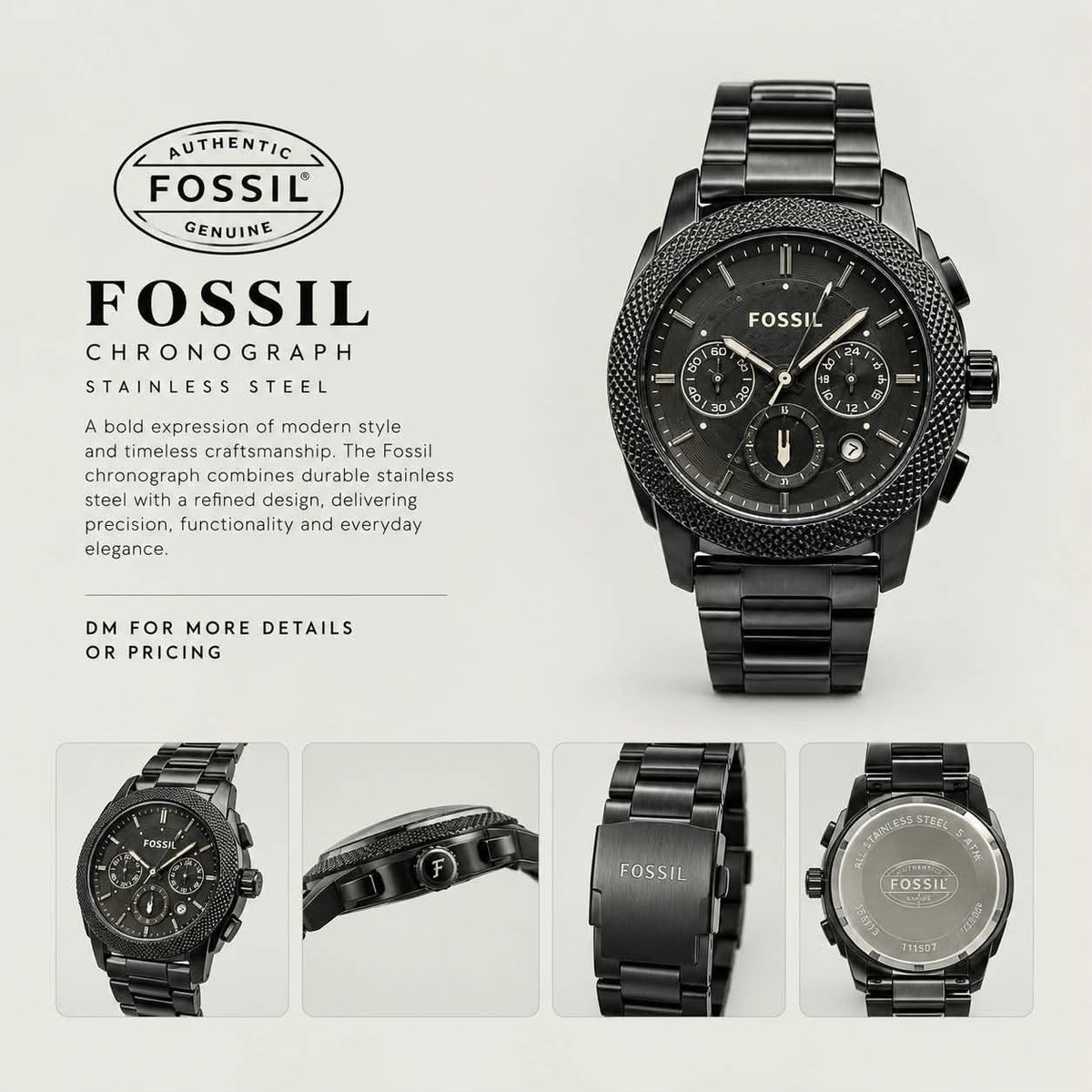 WatchVerse black stainless chronograph style watch
