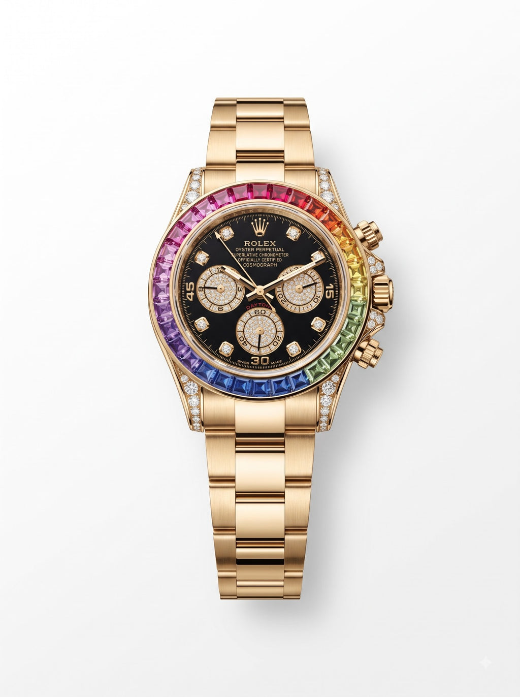 Rainbow bezel black dial chronograph rose copper variant front view