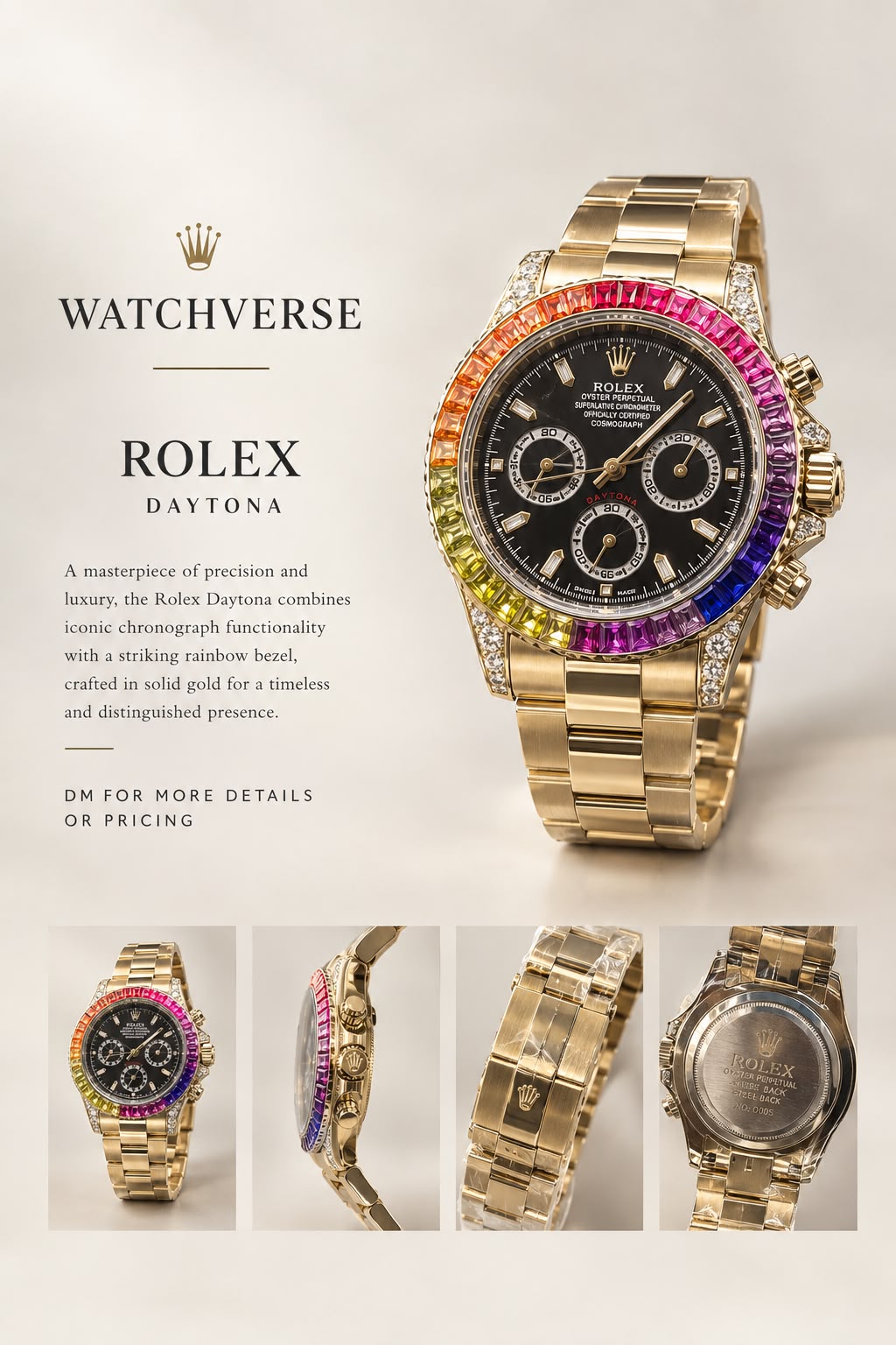 WatchVerse gold-tone rainbow-bezel chronograph watch with standard box