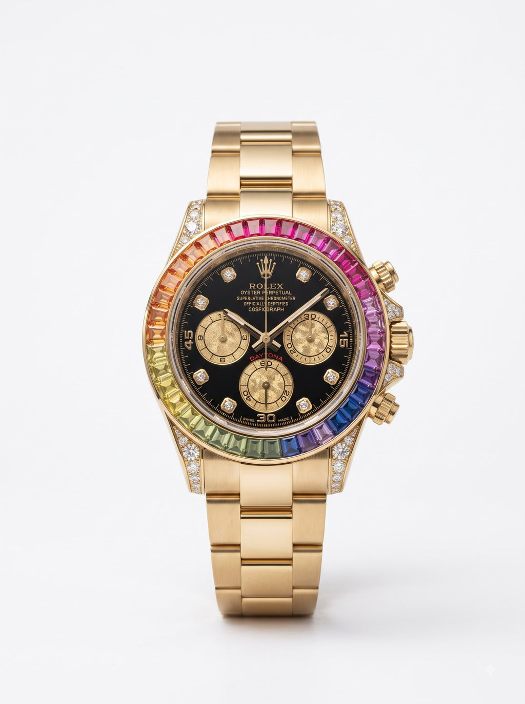 Rainbow bezel black dial chronograph gold variant front view