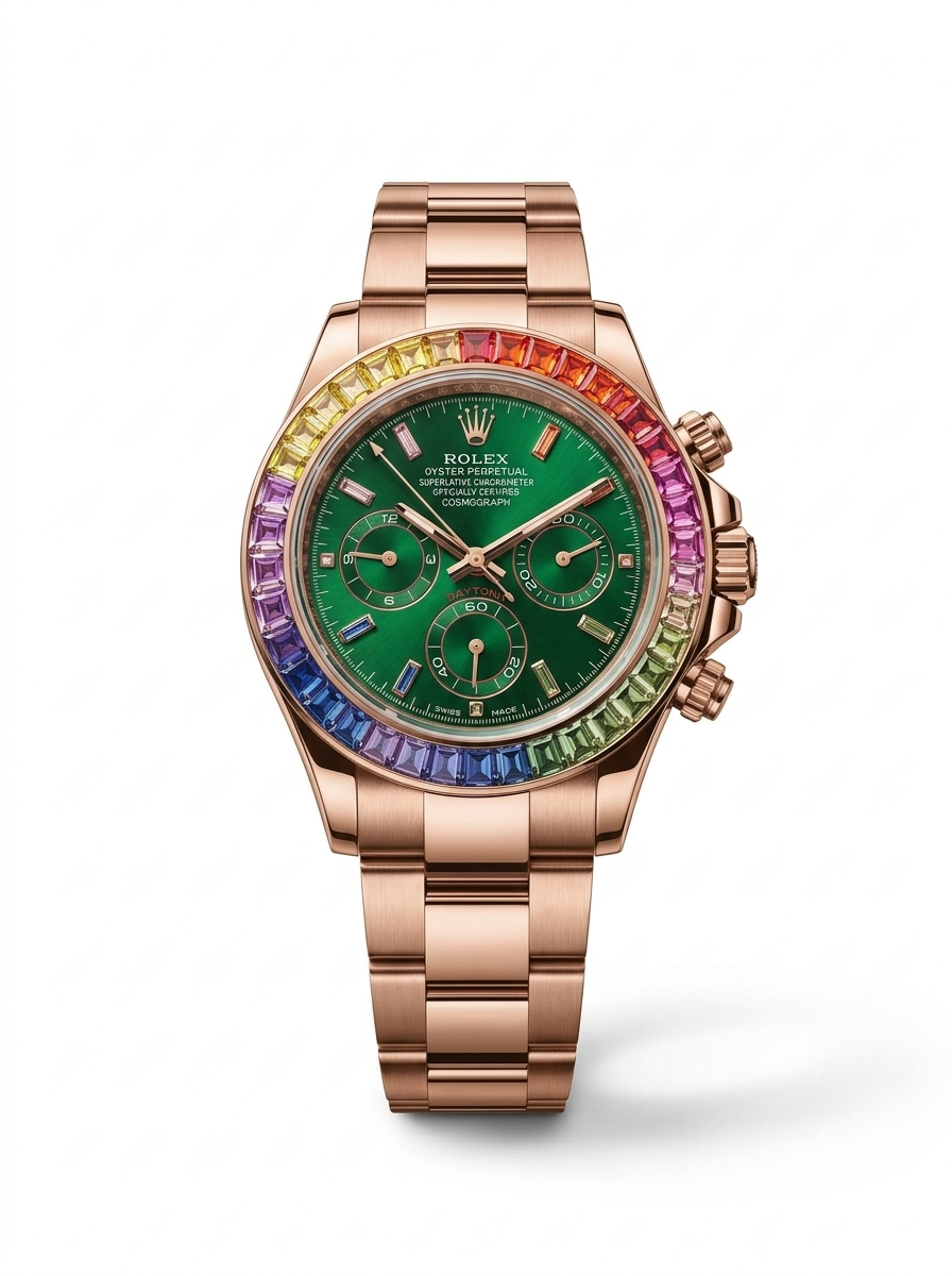 Rainbow bezel green dial chronograph rose copper variant front view