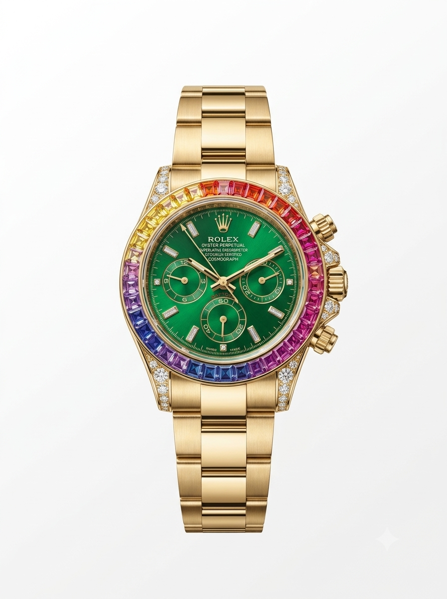 Rainbow bezel green dial chronograph rose gold variant front view